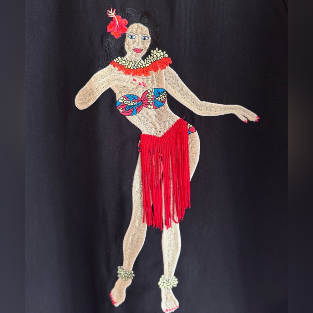 Vintage Black Shirt with Embroidered Hula Dancer - Picture 3 of 7